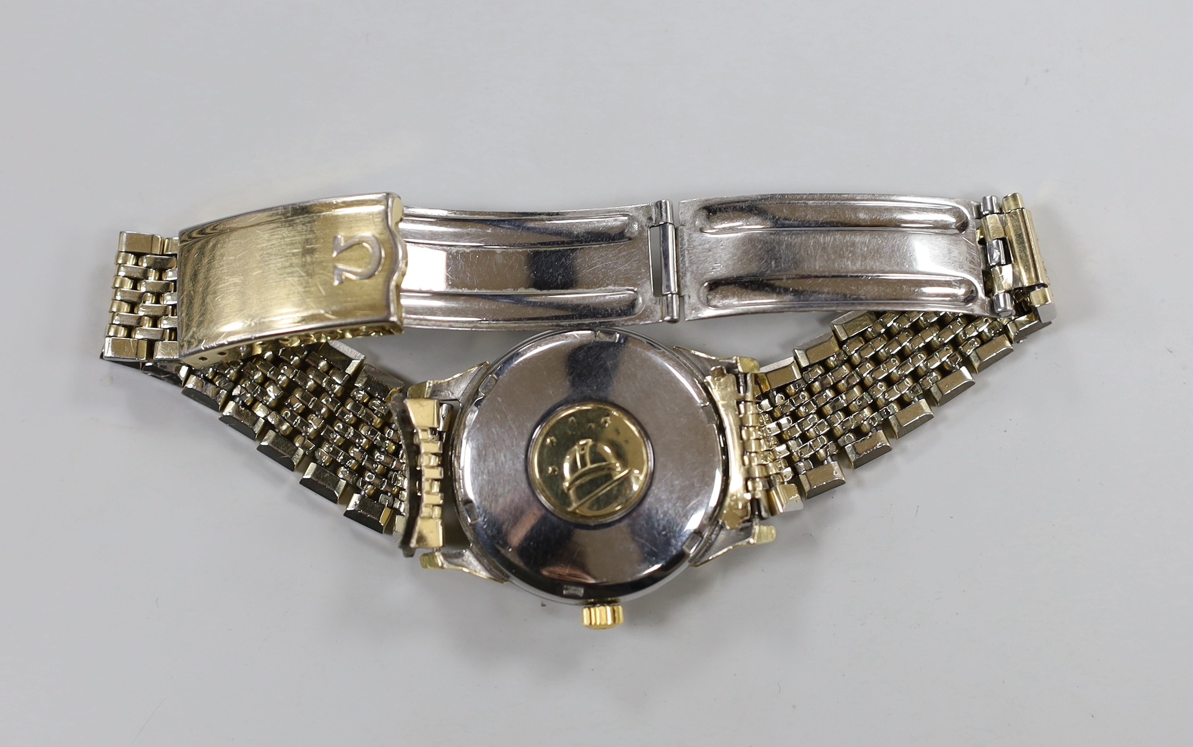 A gentleman's 1960's? steel and gold plated Omega Constellation Automatic Chronometer 'pie-pan' dial wrist watch, on steel and gold plated Omega bracelet, case diameter 35mm.